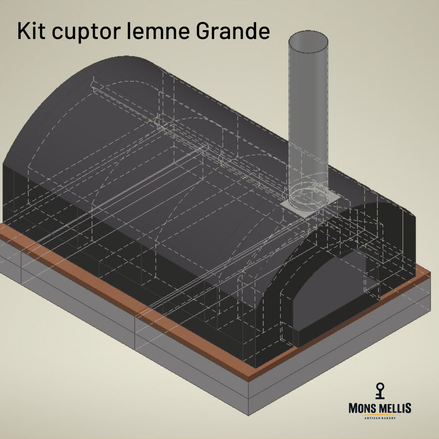Desen tehnic cu dimensiuni și specificații pentru cuptorul pe lemne prefabricat Grande Mons Mellis