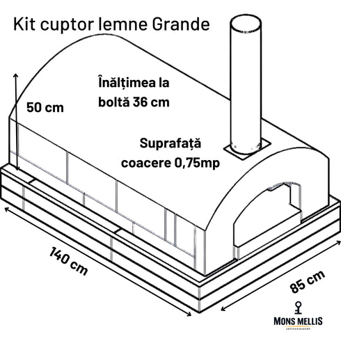 Plan apropiat cu dimensiunile exacte și cotele de montaj pentru cuptorul de curte Grande Mons Mellis